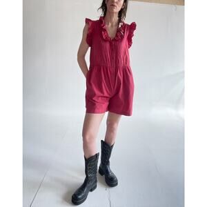Vtg 70's Red ruffle Button Up Romper Size M Shorts Made in India Boho Retro